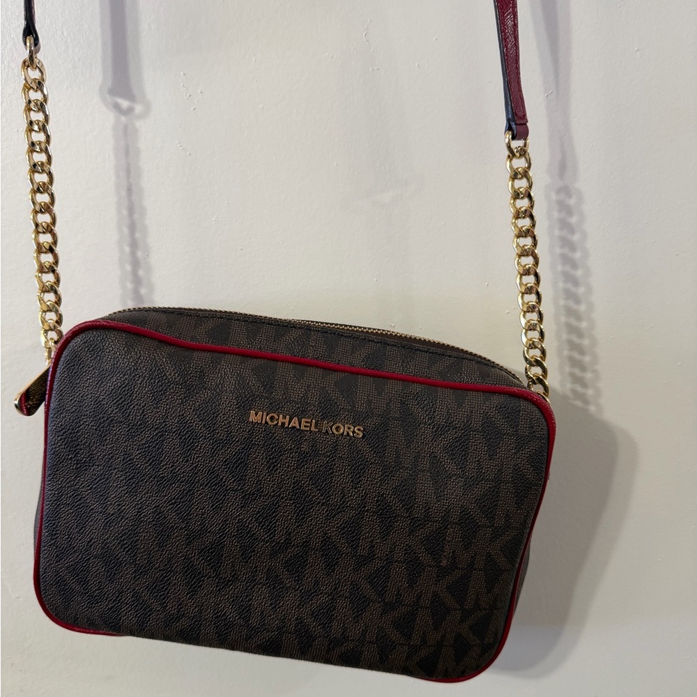 Michael Kors Dark Brown and Red Crossbody Bag